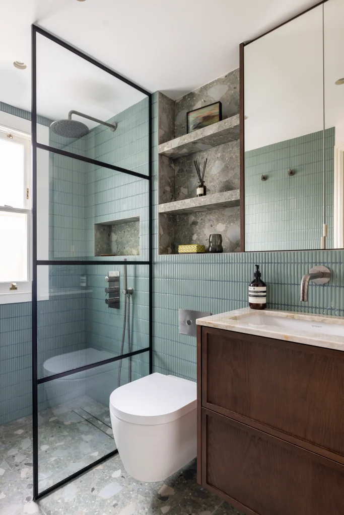 Project London bathroom with walk-in shower, tiled walls and contemporary vanity in Hurlingham Park