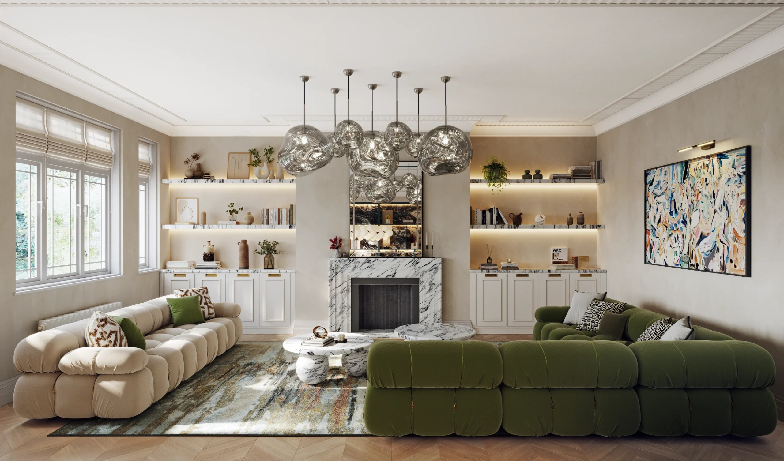 Elegant living room in Park Crescent London with statement chandelier, fireplace and custom cabinetry