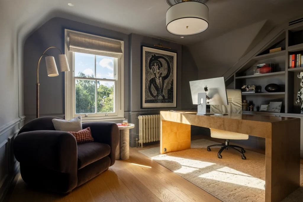 Luxury home office with ash grey walls, bespoke oak desk, and neutral 2026 colour scheme by Project London