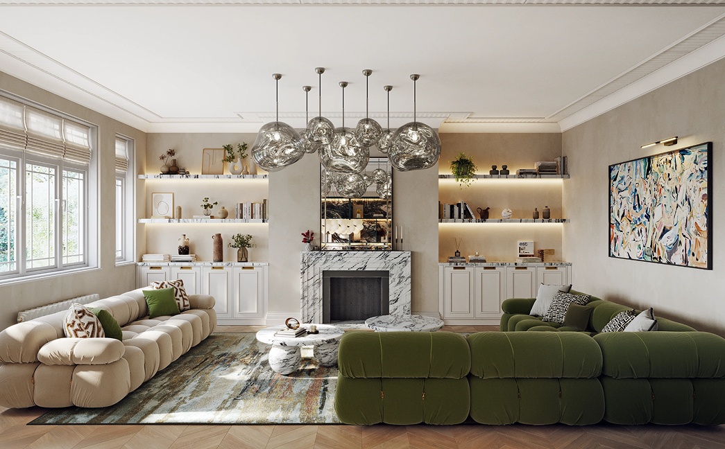 High-end London interior design featuring elegant living room with marble fireplace, custom cabinetry and designer lighting