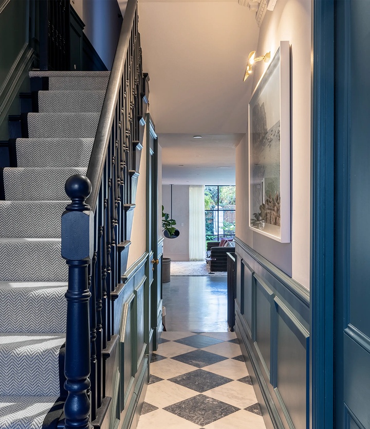 Residential architecture London showcasing hallway design, staircase detailing and interior flow